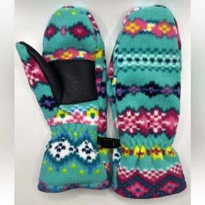 Lands’ End Fleece Mittens Girls Medium Bright Aztec Snow Turquoise Blue Pink